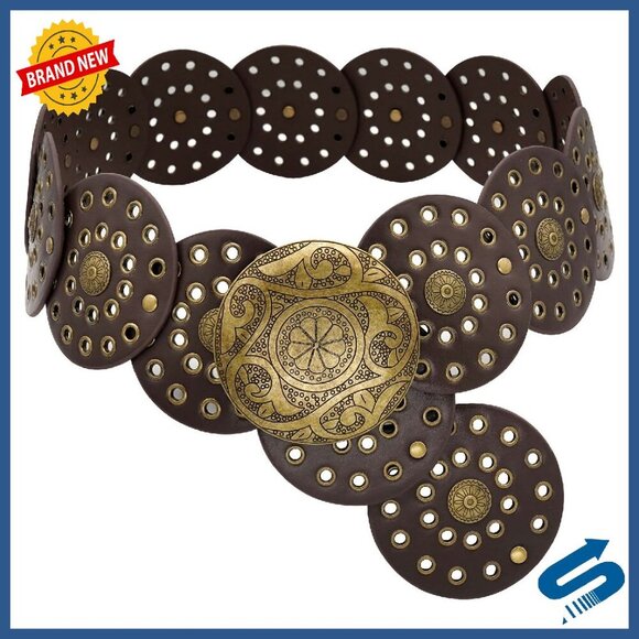 Wide Disc Concho Belt Adjustable Western Boho Style PU Leather main image 7